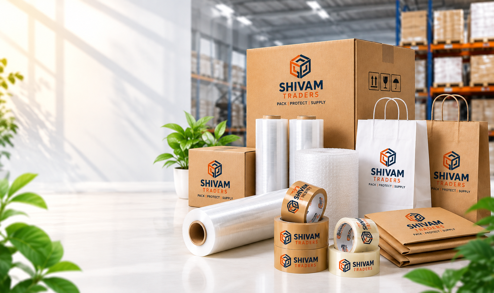 Packaging materials arranged in the warehouse